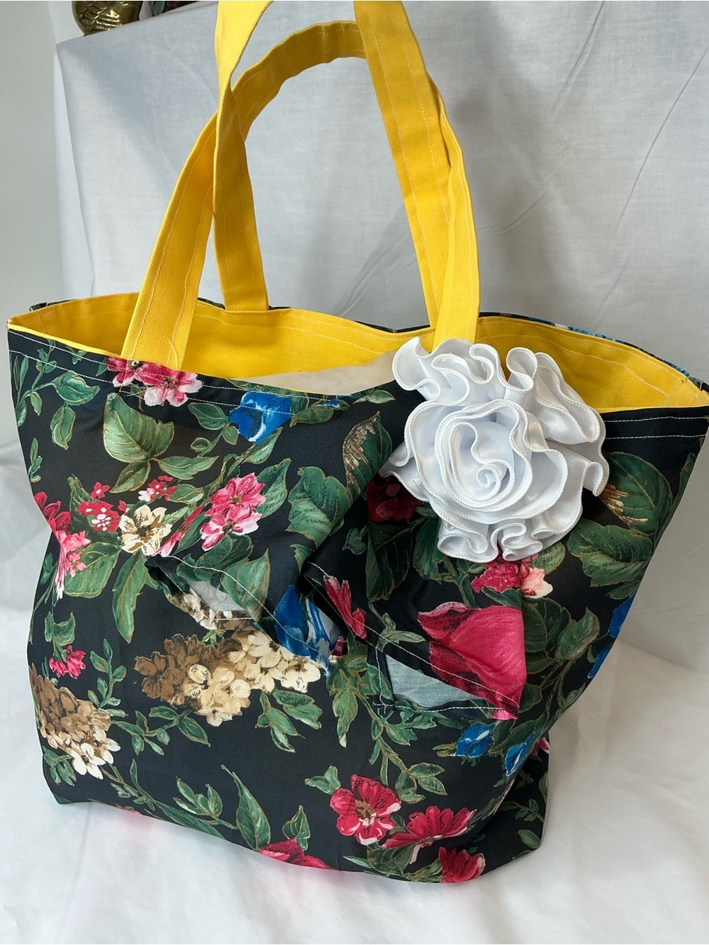 2034 - Handmade Sunny Yellow Canvas Tote with Floral Scarf and Rosette - Picture 8 of 16